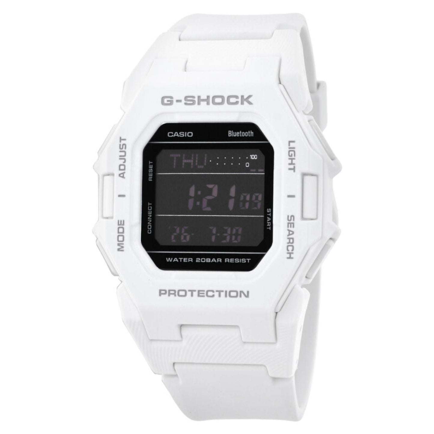 Casio G-Shock GD-B500-7 digital sport watch featuring a white resin case and strap, black digital display, Bluetooth connectivity, and shock-resistant design.