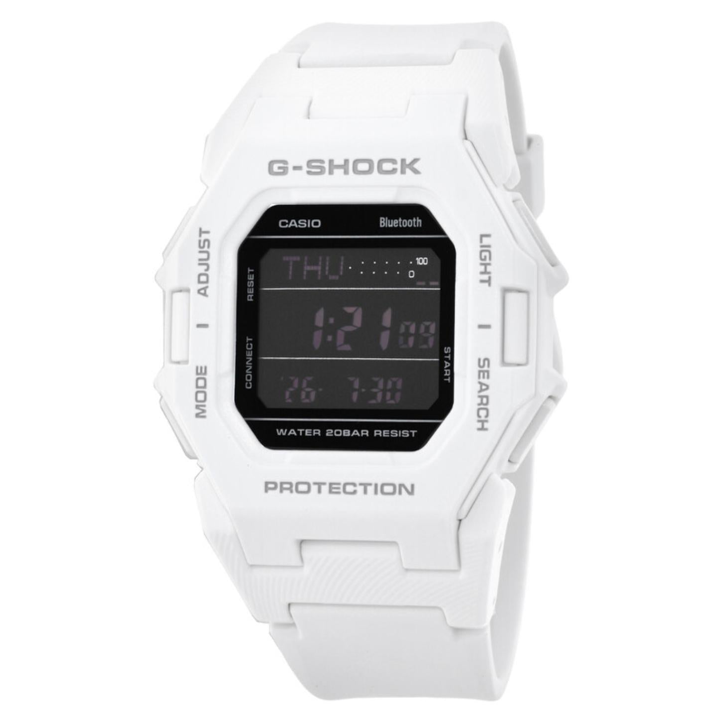 Casio G-Shock GD-B500-7 digital sport watch featuring a white resin case and strap, black digital display, Bluetooth connectivity, and shock-resistant design.