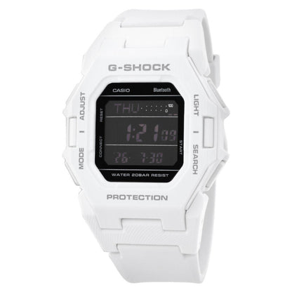 Casio G-Shock GD-B500-7 digital sport watch featuring a white resin case and strap, black digital display, Bluetooth connectivity, and shock-resistant design.