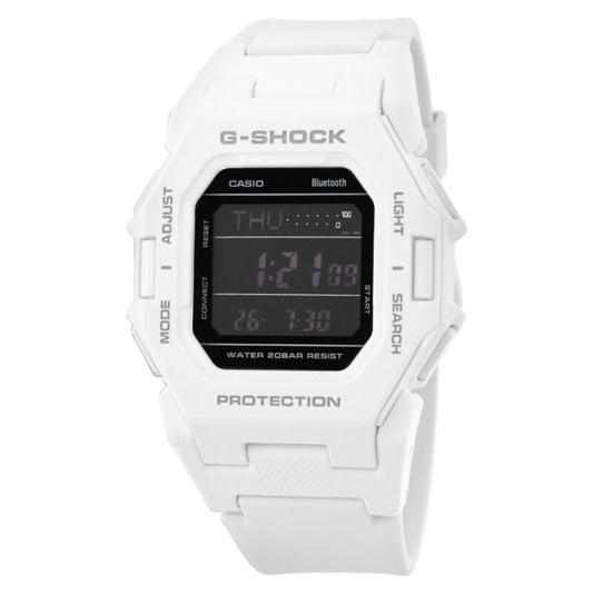 Casio G-Shock GD-B500-7 digital sport watch featuring a white resin case and strap, black digital display, Bluetooth connectivity, and shock-resistant design.