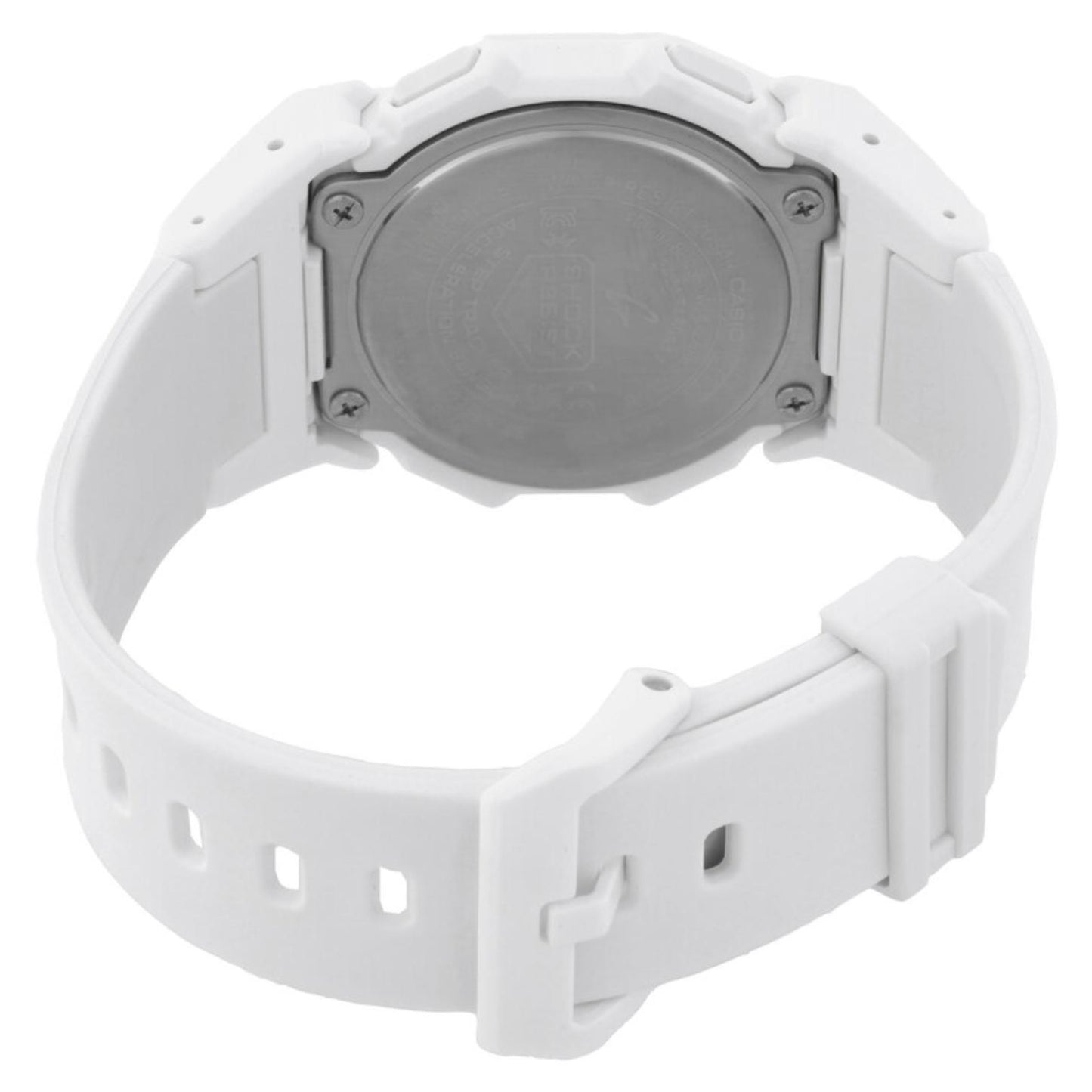Rear view of the Casio G-Shock GD-B500-7 showing the metal caseback, white resin case, adjustable resin strap, and buckle.