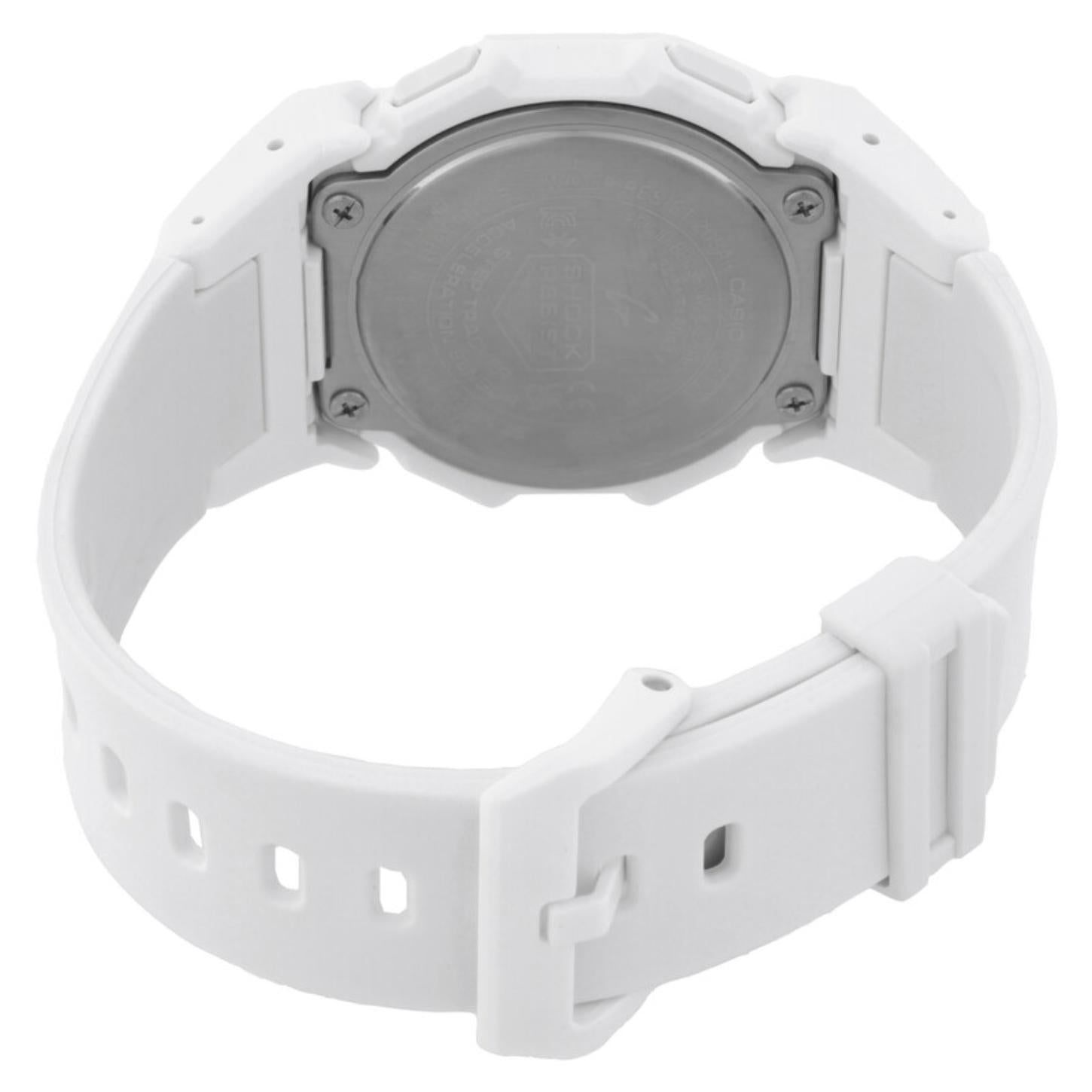 Rear view of the Casio G-Shock GD-B500-7 showing the metal caseback, white resin case, adjustable resin strap, and buckle.