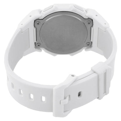 Rear view of the Casio G-Shock GD-B500-7 showing the metal caseback, white resin case, adjustable resin strap, and buckle.