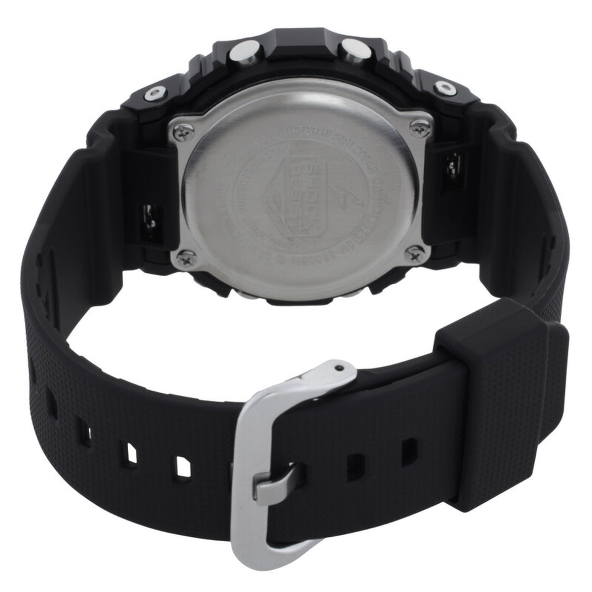 Casio G-Shock GM-5600BM-1 men's digital watch showing stainless steel caseback and black resin strap with silver-tone buckle