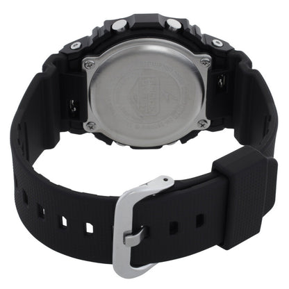 Casio G-Shock GM-5600BM-1 men's digital watch showing stainless steel caseback and black resin strap with silver-tone buckle