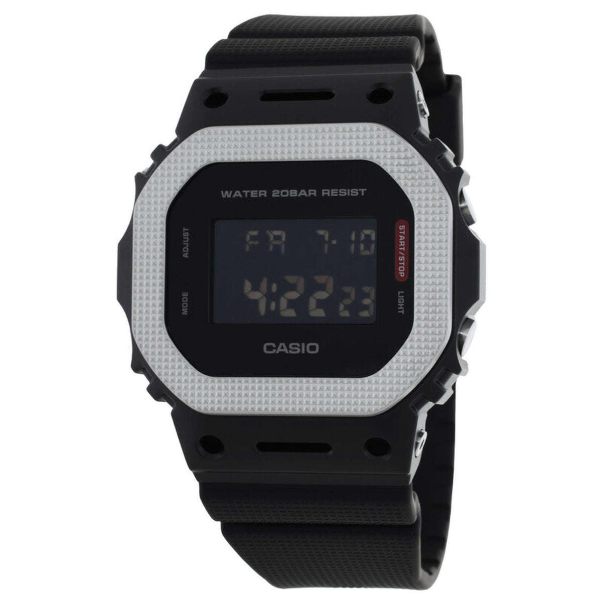 Casio G-Shock GM-5600BM-1 digital watch with square textured bezel, negative digital display, and black resin strap