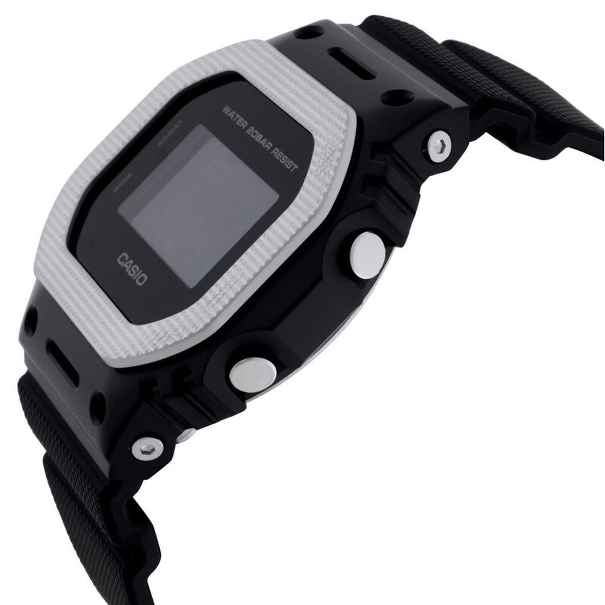 Casio G-Shock GM-5600BM-1 digital watch profile highlighting side pushers, textured metal bezel, and black resin band