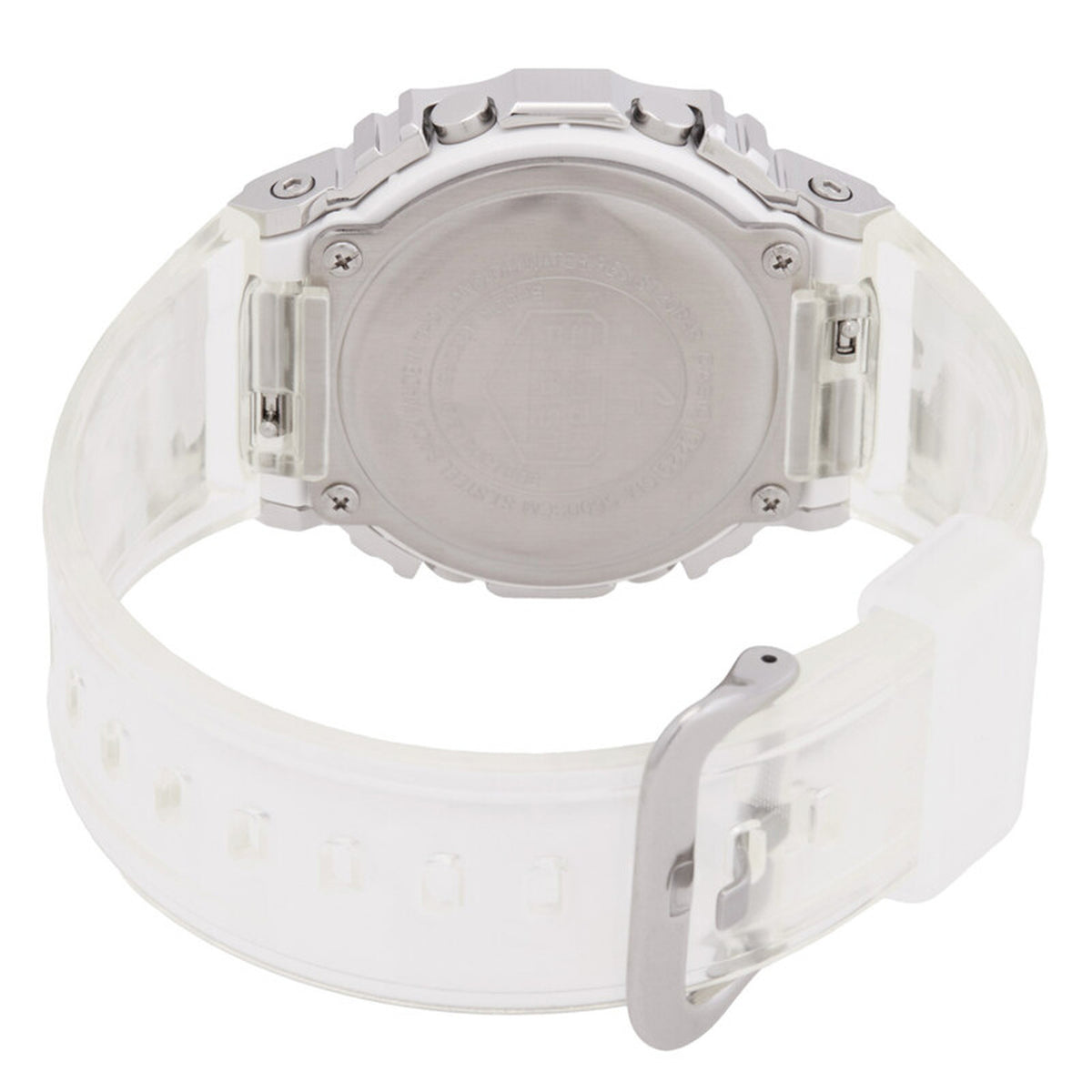 Rear angle of the Casio G-Shock GM-5600SCM-1 showing the stainless steel caseback, secure buckle, and clear camouflage resin strap.
