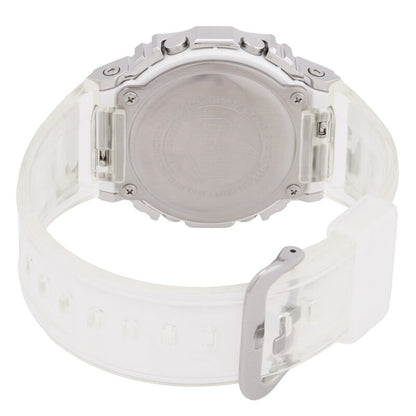 Rear angle of the Casio G-Shock GM-5600SCM-1 showing the stainless steel caseback, secure buckle, and clear camouflage resin strap.