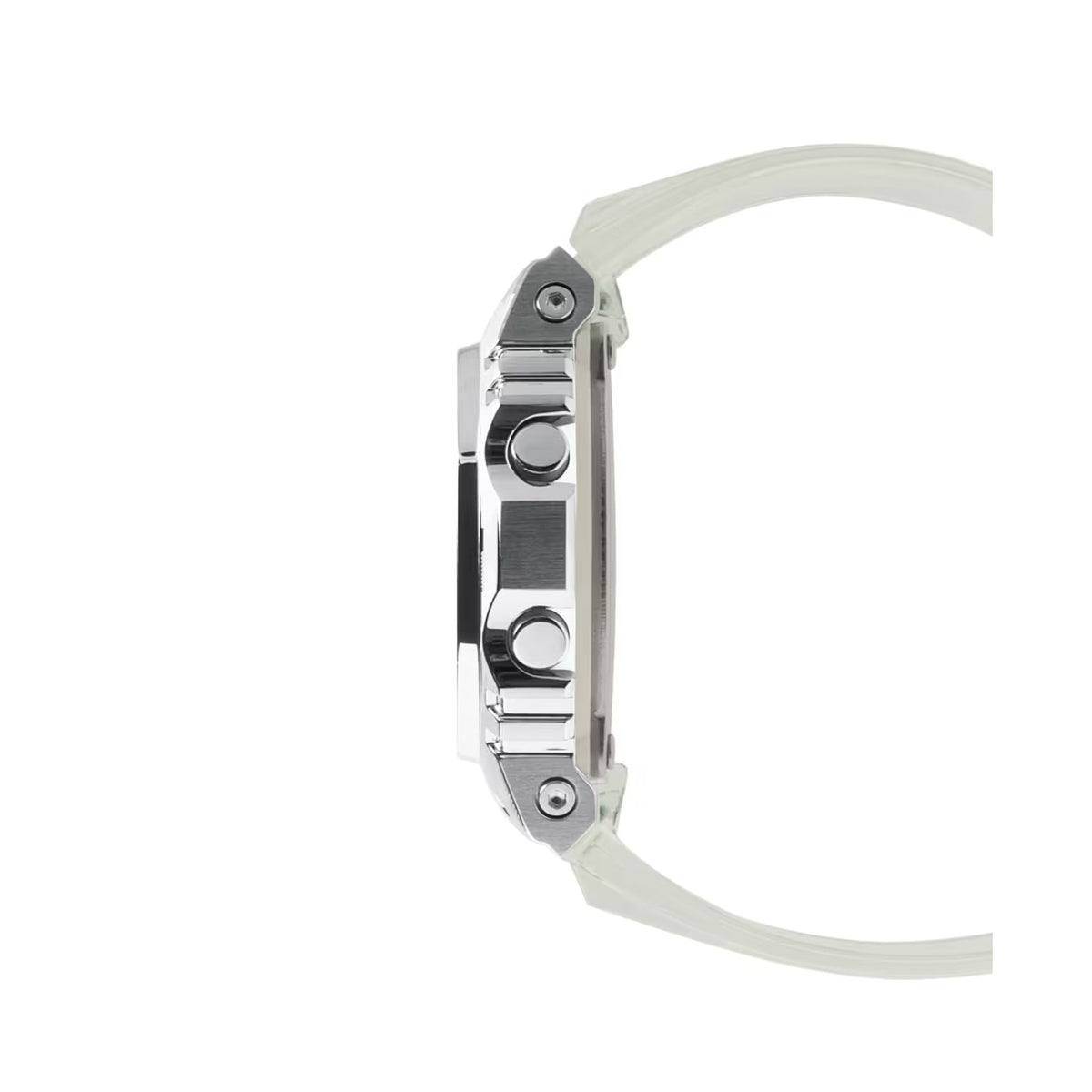 Profile side view of the Casio G-Shock GM-5600SCM-1 displaying the polished stainless steel case and operational push buttons.