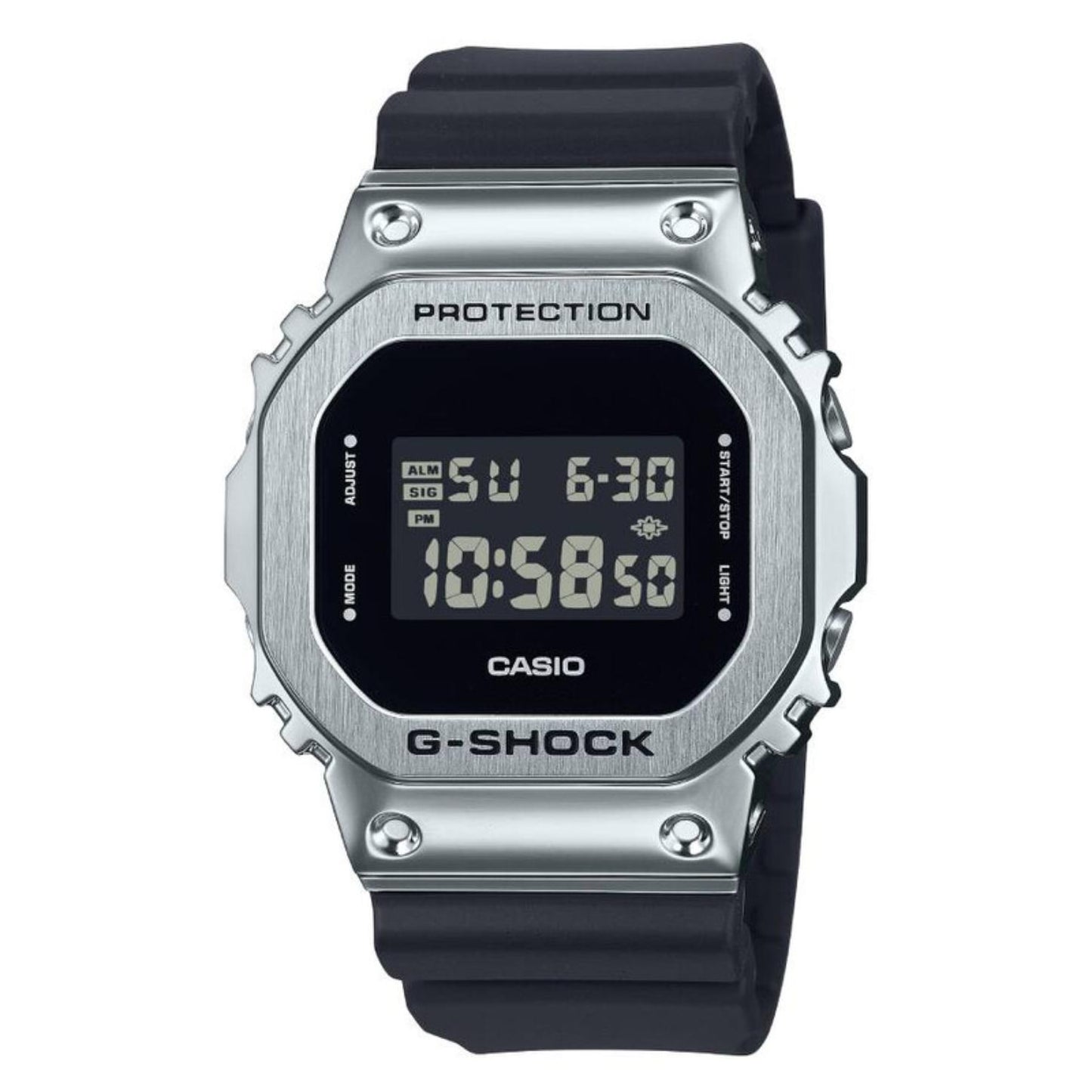 Casio G-Shock GM-5600U-1 with a rectangular digital display, brushed stainless steel bezel, and black resin band.