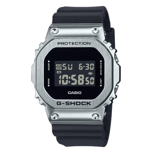 Casio G-Shock GM-5600U-1 with a rectangular digital display, brushed stainless steel bezel, and black resin band.