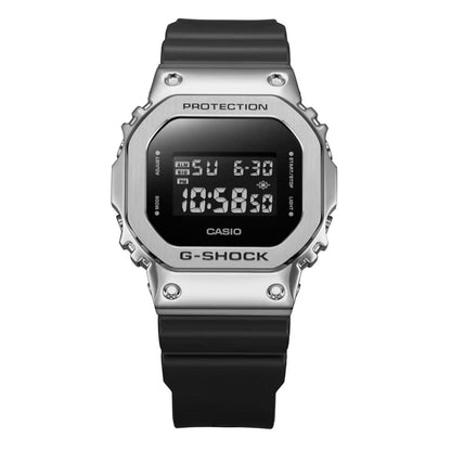 Casio G-Shock GM-5600U-1 full front with a rectangular digital display, brushed stainless steel bezel, and black resin band.