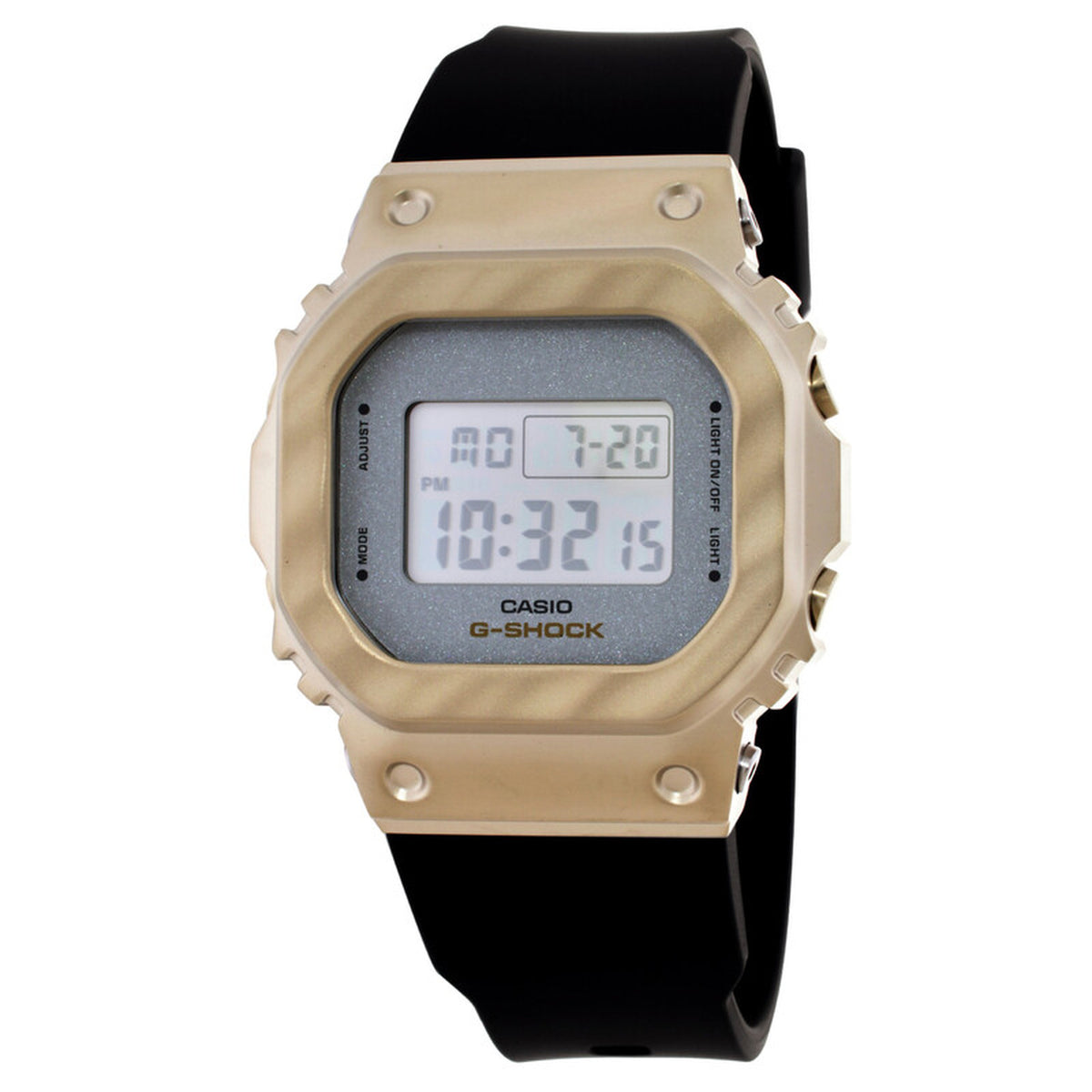 Casio G-Shock GM-S5600BC-1 women’s digital watch with a gold-tone square bezel, light digital display, gray dial surround, and contrasting black strap.