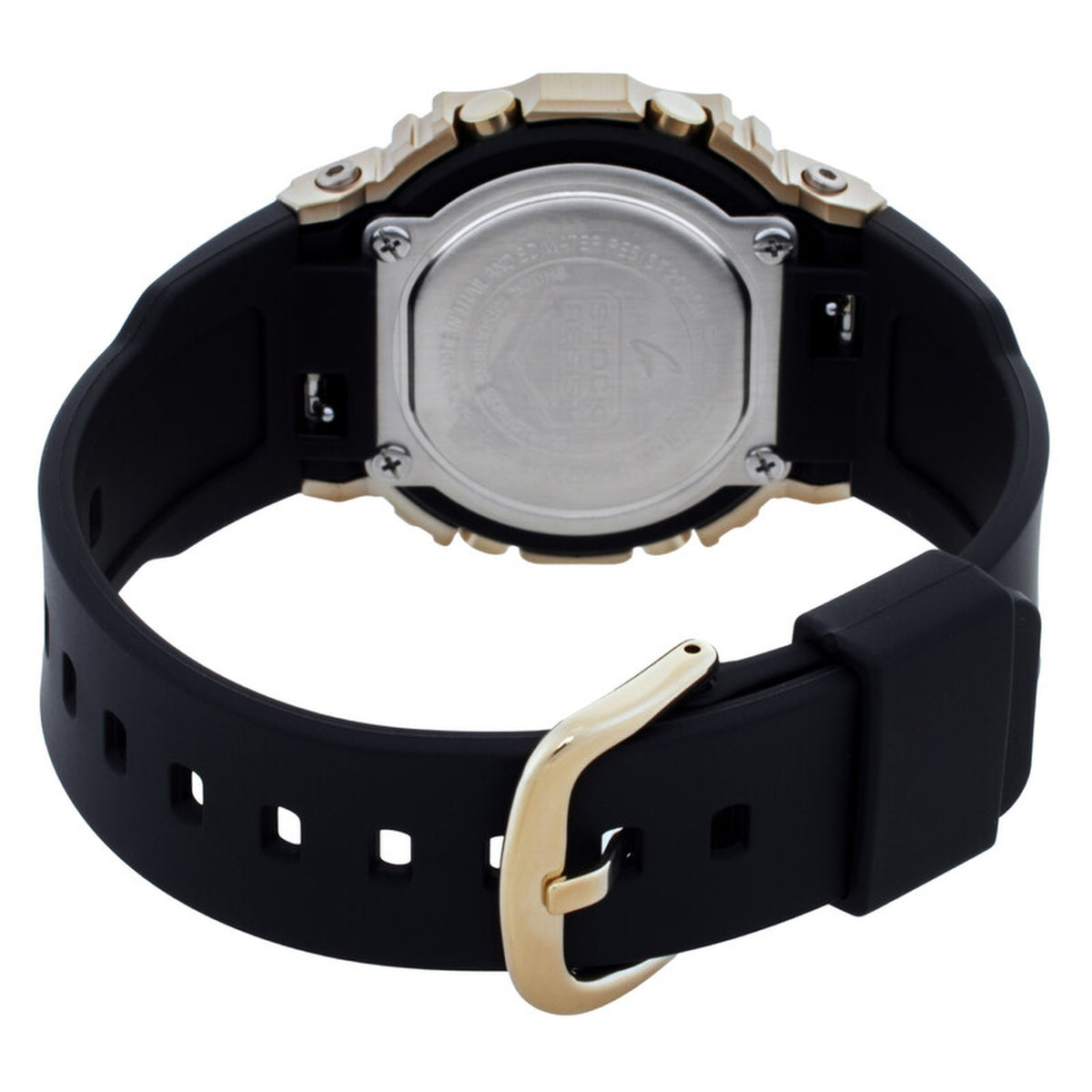 Casio G-Shock GM-S5600BC-1 women’s digital watch with a stainless steel caseback, black strap, visible rear screws, and a matching gold-tone buckle.