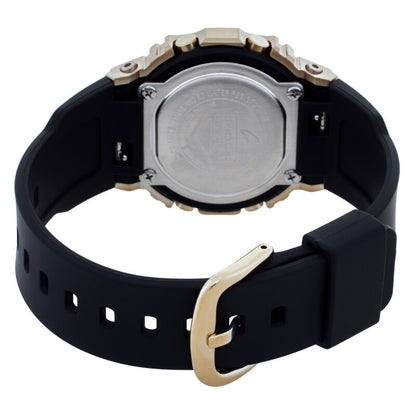Casio G-Shock GM-S5600BC-1 women’s digital watch with a stainless steel caseback, black strap, visible rear screws, and a matching gold-tone buckle.