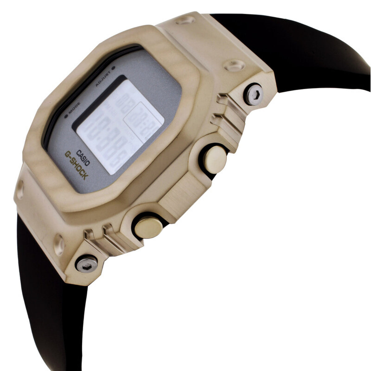 Casio G-Shock GM-S5600BC-1 women’s digital watch with a gold-tone side profile, exposed push buttons, visible screws, and a contrasting black strap.