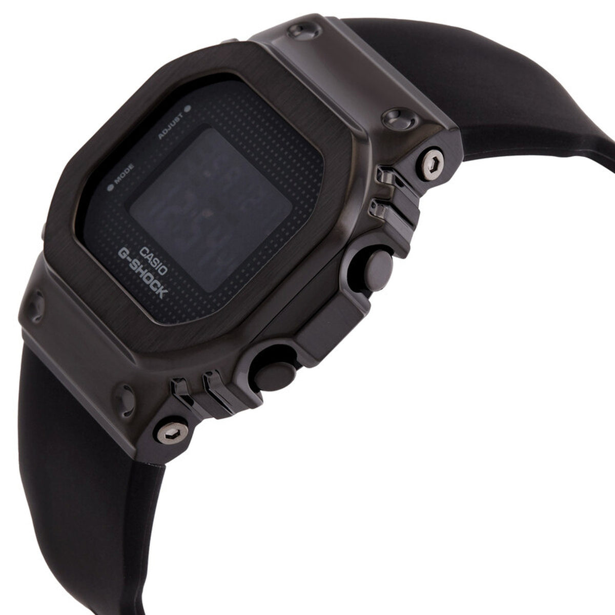 Casio G-Shock GM-S5600SB-1 women's digital watch angled view highlighting the black metal bezel and black resin band