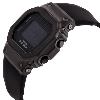 Casio G-Shock GM-S5600SB-1 women's digital watch angled view highlighting the black metal bezel and black resin band