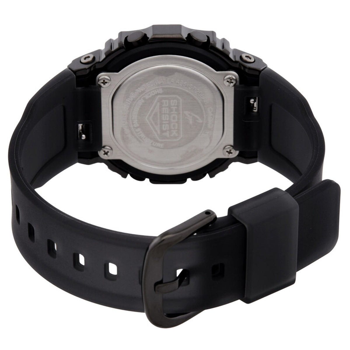 Casio G-Shock GM-S5600SB-1 women's digital watch case back, stainless steel panel, and black resin strap with metal buckle