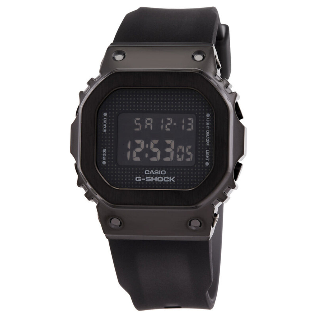 Casio G-Shock GM-S5600SB-1 women's digital watch frontal view featuring the square black metal bezel and digital display