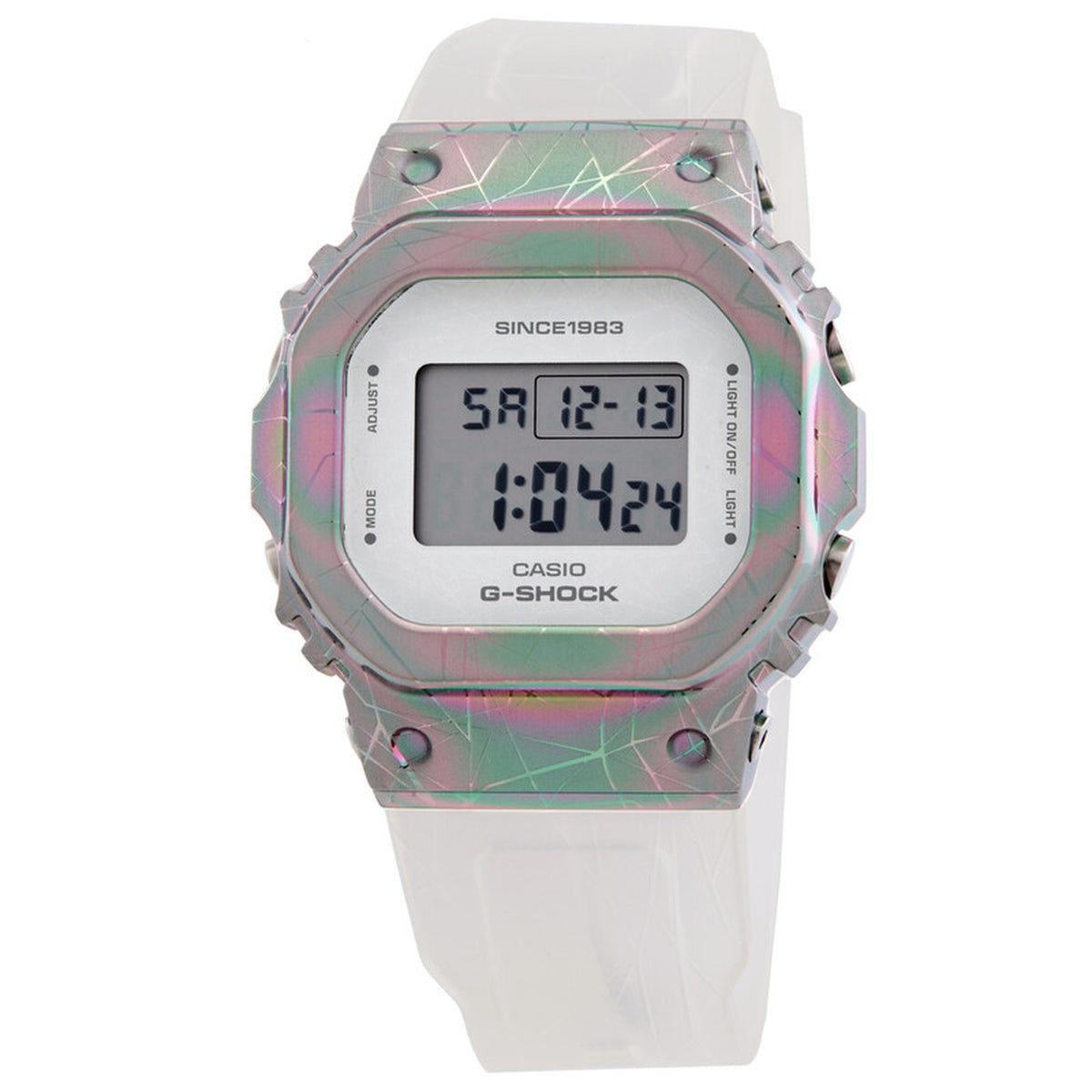 Casio G-Shock GM-S5640GEM-7DR women’s digital watch with a square digital display, iridescent rainbow-tone bezel with geometric patterning, and a translucent white strap.