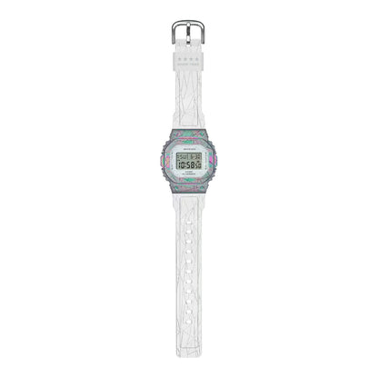 Casio G-Shock GM-S5640GEM-7DR women’s digital watch with a full-length translucent white strap, square digital display, and iridescent rainbow-tone bezel with geometric detailing.
