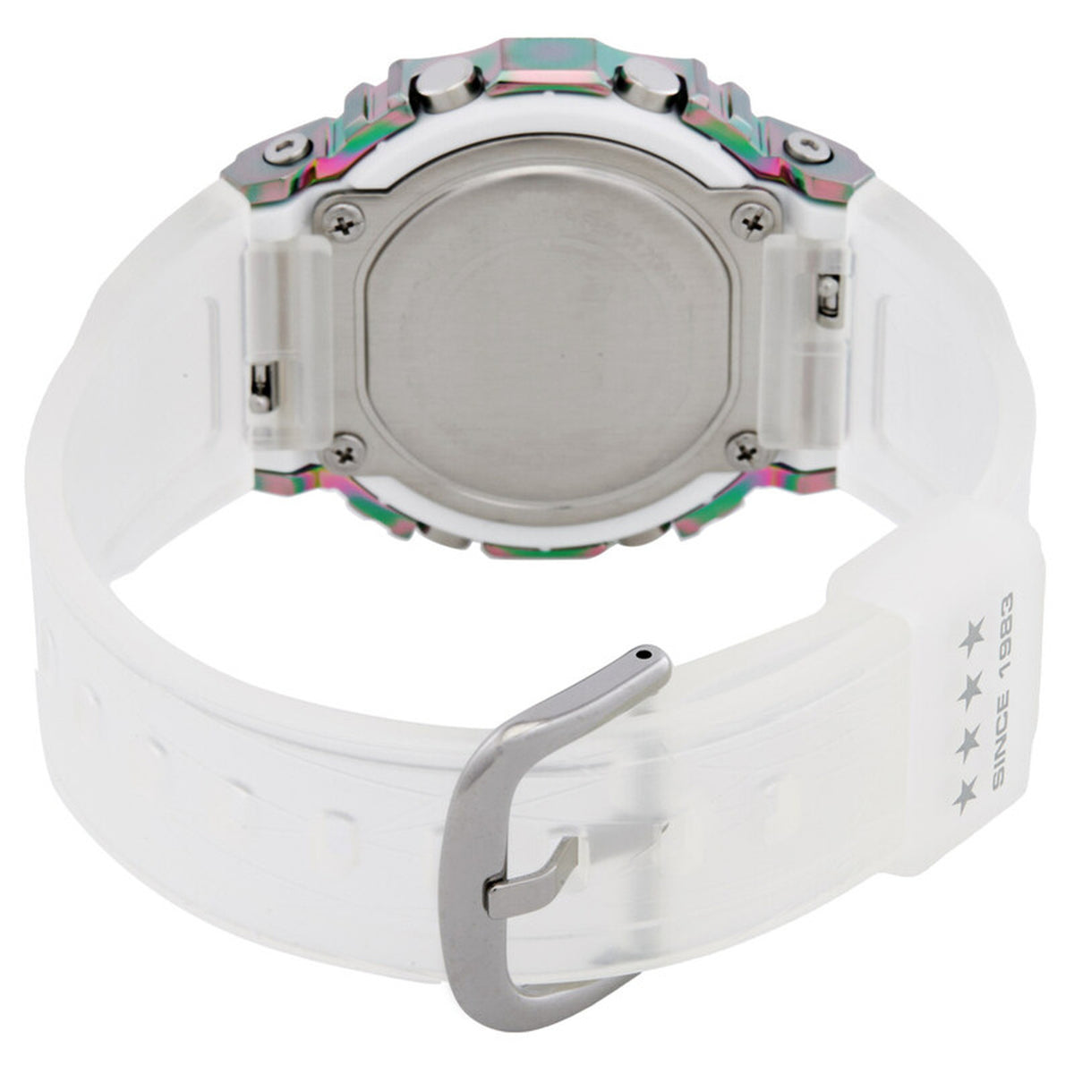 Casio G-Shock GM-S5640GEM-7DR women’s digital watch with a brushed metal caseback, translucent white strap, metal buckle, and iridescent rainbow-tone accents around the rear of the case.