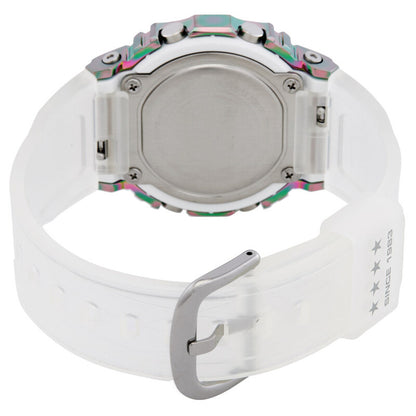 Casio G-Shock GM-S5640GEM-7DR women’s digital watch with a brushed metal caseback, translucent white strap, metal buckle, and iridescent rainbow-tone accents around the rear of the case.