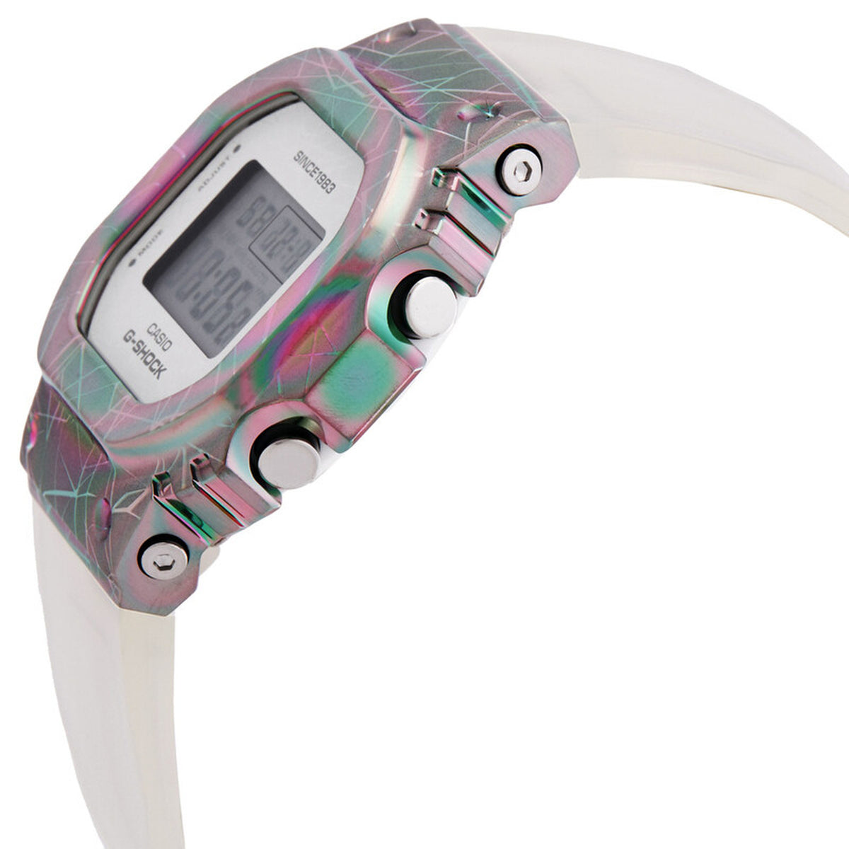 Casio G-Shock GM-S5640GEM-7DR women’s digital watch with an iridescent rainbow-tone side profile, exposed push buttons, geometric bezel patterning, and a translucent white strap.