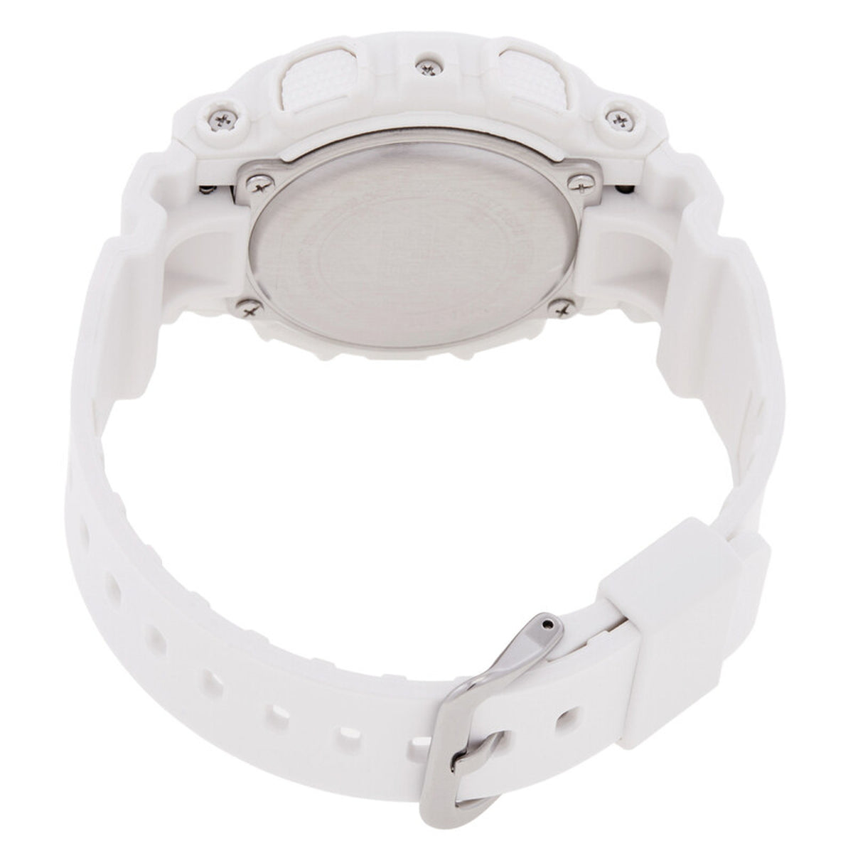 Casio G-Shock GMA-S120SA-7A1DR women's sport watch caseback and white resin strap with steel buckle closure.