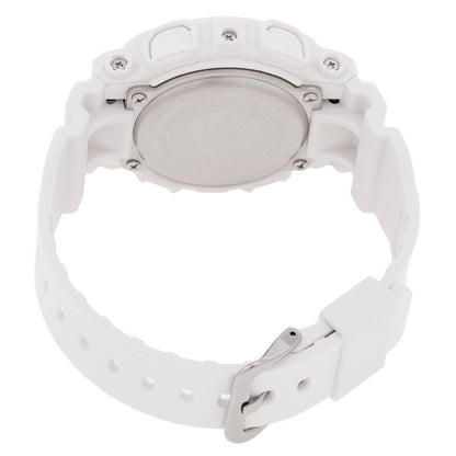 Casio G-Shock GMA-S120SA-7A1DR women's sport watch caseback and white resin strap with steel buckle closure.