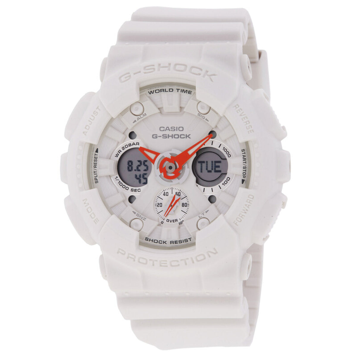 Casio G-Shock GMA-S120SA-7A1DR women's ana-digi sport watch front dial view with white matte finish, digital sub-dials, and vibrant orange hour and minute hands.