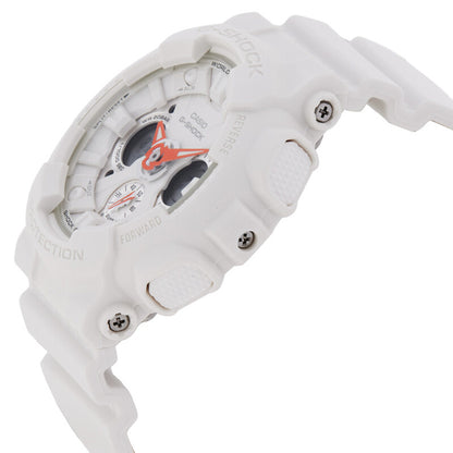 Casio G-Shock GMA-S120SA-7A1DR women's sport watch side profile showing the textured white resin bezel and push buttons.