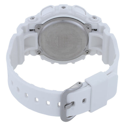 Casio G-Shock GMA-S120SA-7A2DR watch case back and stainless steel buckle on white resin strap.