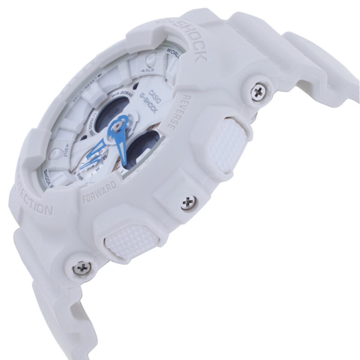 Casio G-Shock GMA-S120SA-7A2DR white sport watch side profile showing textured pushers and resin bezel.