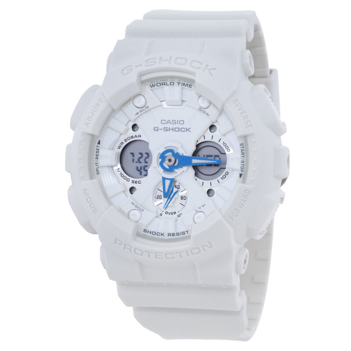 Casio G-Shock GMA-S120SA-7A2DR ana-digi sport watch with white dial, digital sub-displays, and blue hands.