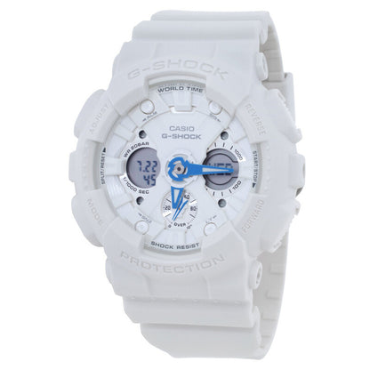 Casio G-Shock GMA-S120SA-7A2DR ana-digi sport watch with white dial, digital sub-displays, and blue hands.