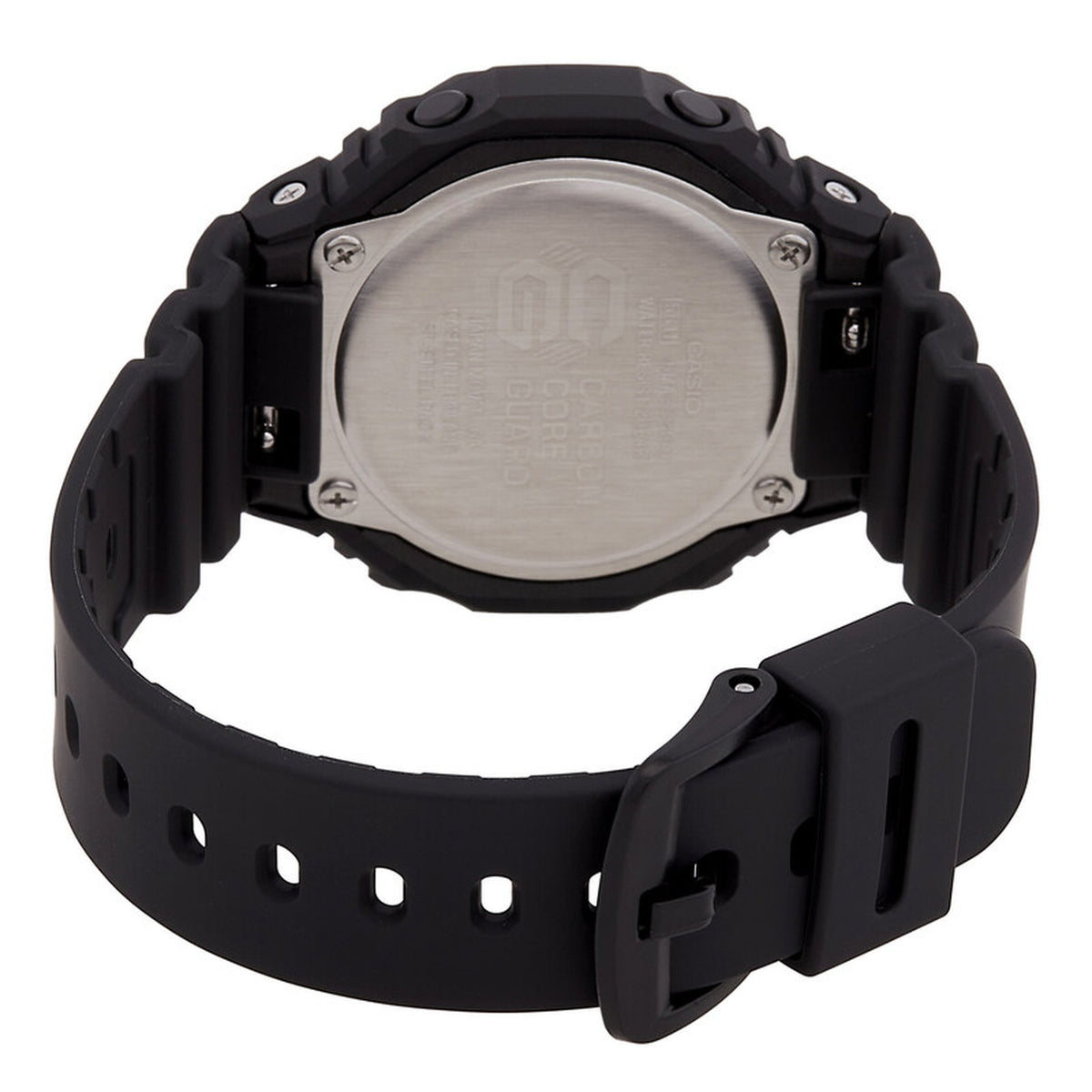 Casio G-Shock GMA-S2100-1A with a stainless steel caseback, black resin strap, visible rear screws, and a matching black buckle.