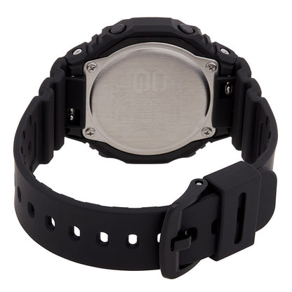 Casio G-Shock GMA-S2100-1A with a stainless steel caseback, black resin strap, visible rear screws, and a matching black buckle.