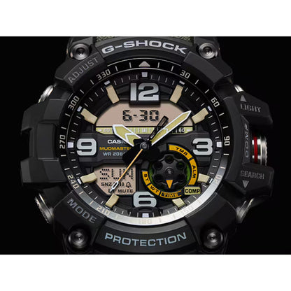 Close-up of the Casio G-Shock Mudmaster GG-1000-1A3 showing the analog-digital dial, large hour markers, digital displays, compass indicator, and protective black bezel.