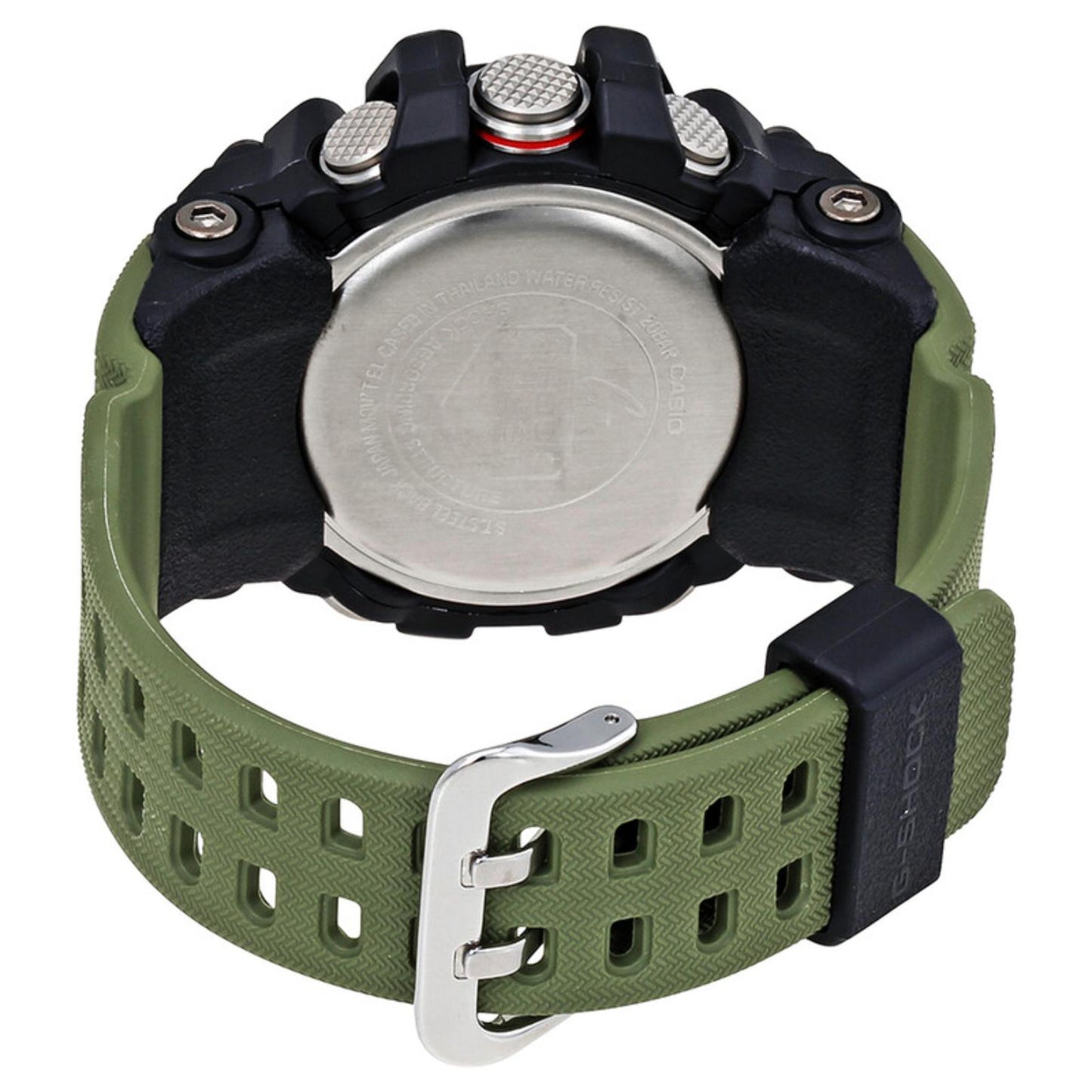 Rear view of the Casio G-Shock Mudmaster GG-1000-1A3 showing the metal caseback, green resin strap, textured control buttons, and metal buckle.