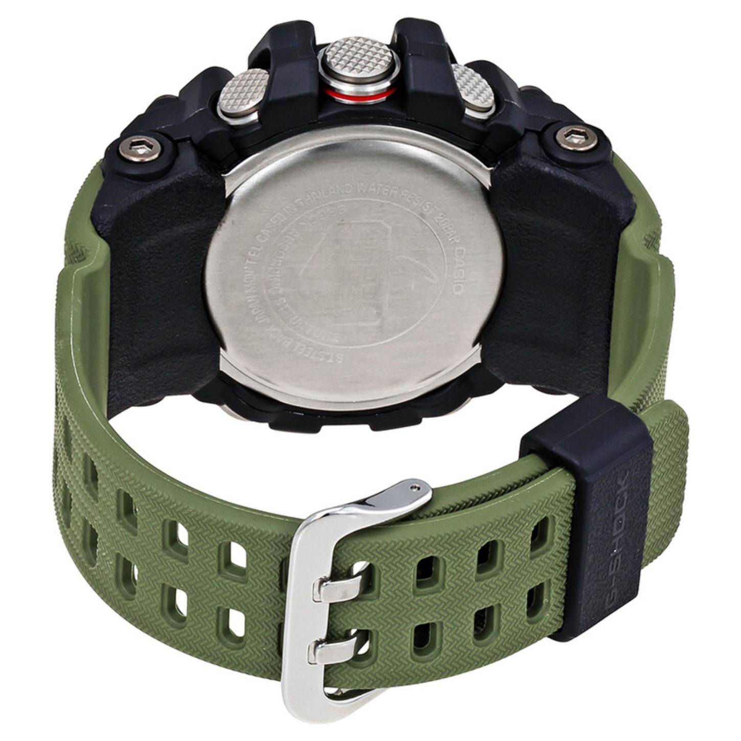 Rear view of the Casio G-Shock Mudmaster GG-1000-1A3 showing the metal caseback, green resin strap, textured control buttons, and metal buckle.