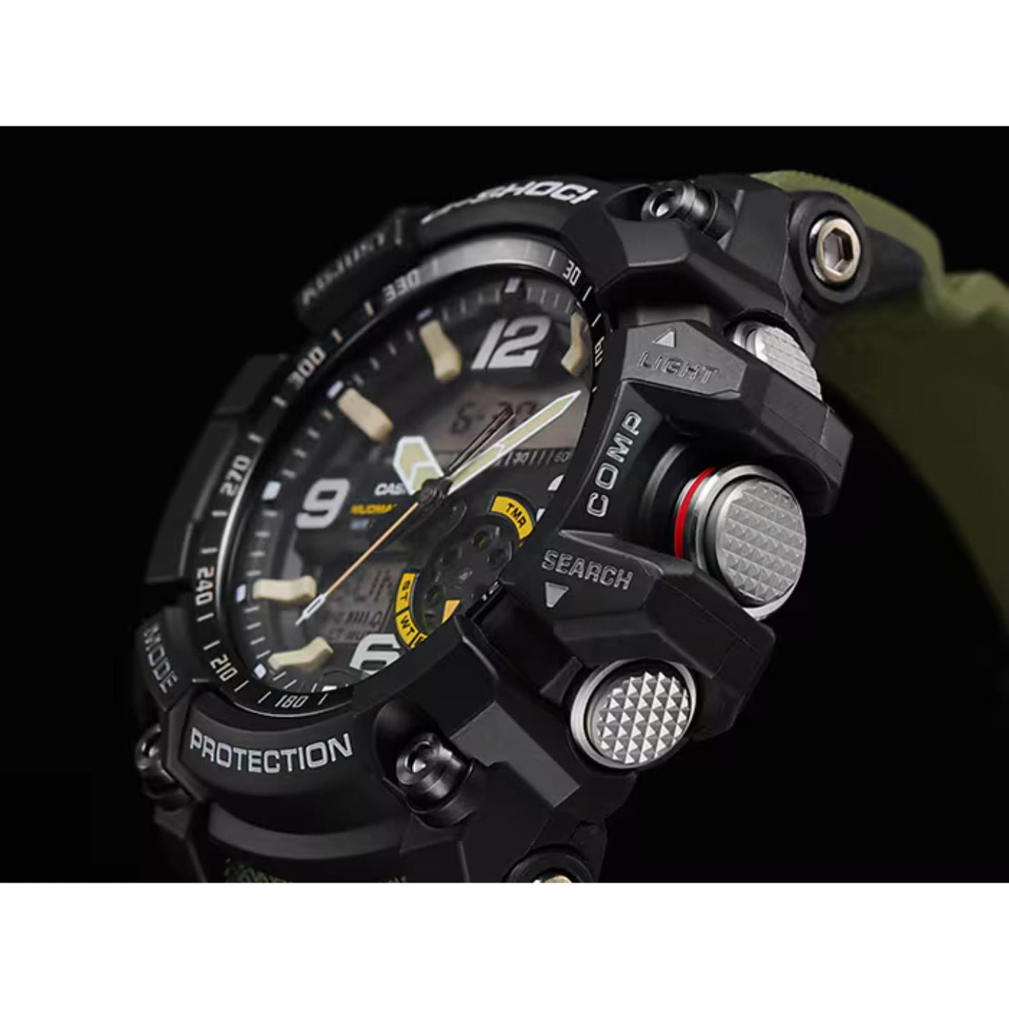 Side view of the Casio G-Shock Mudmaster GG-1000-1A3 showing the textured compass and search buttons, rugged black case, analog-digital dial, and green resin strap.