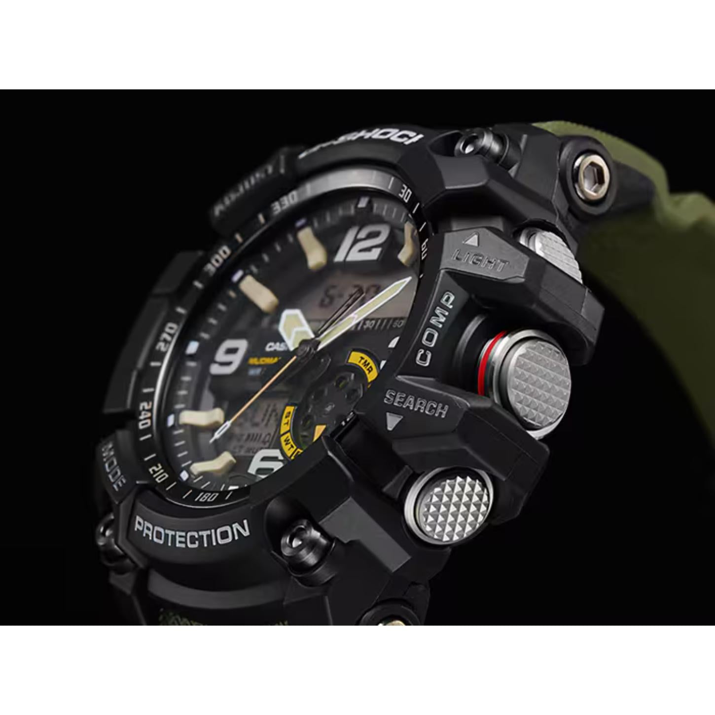 Side view of the Casio G-Shock Mudmaster GG-1000-1A3 showing the textured compass and search buttons, rugged black case, analog-digital dial, and green resin strap.