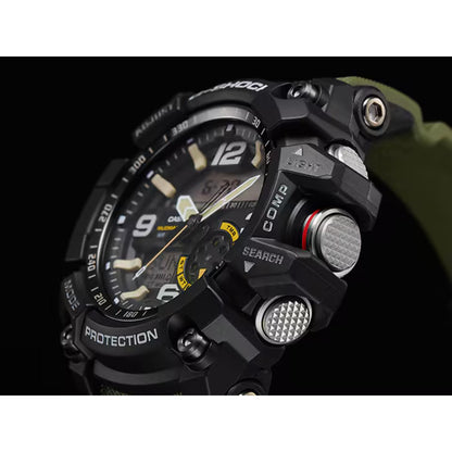 Side view of the Casio G-Shock Mudmaster GG-1000-1A3 showing the textured compass and search buttons, rugged black case, analog-digital dial, and green resin strap.