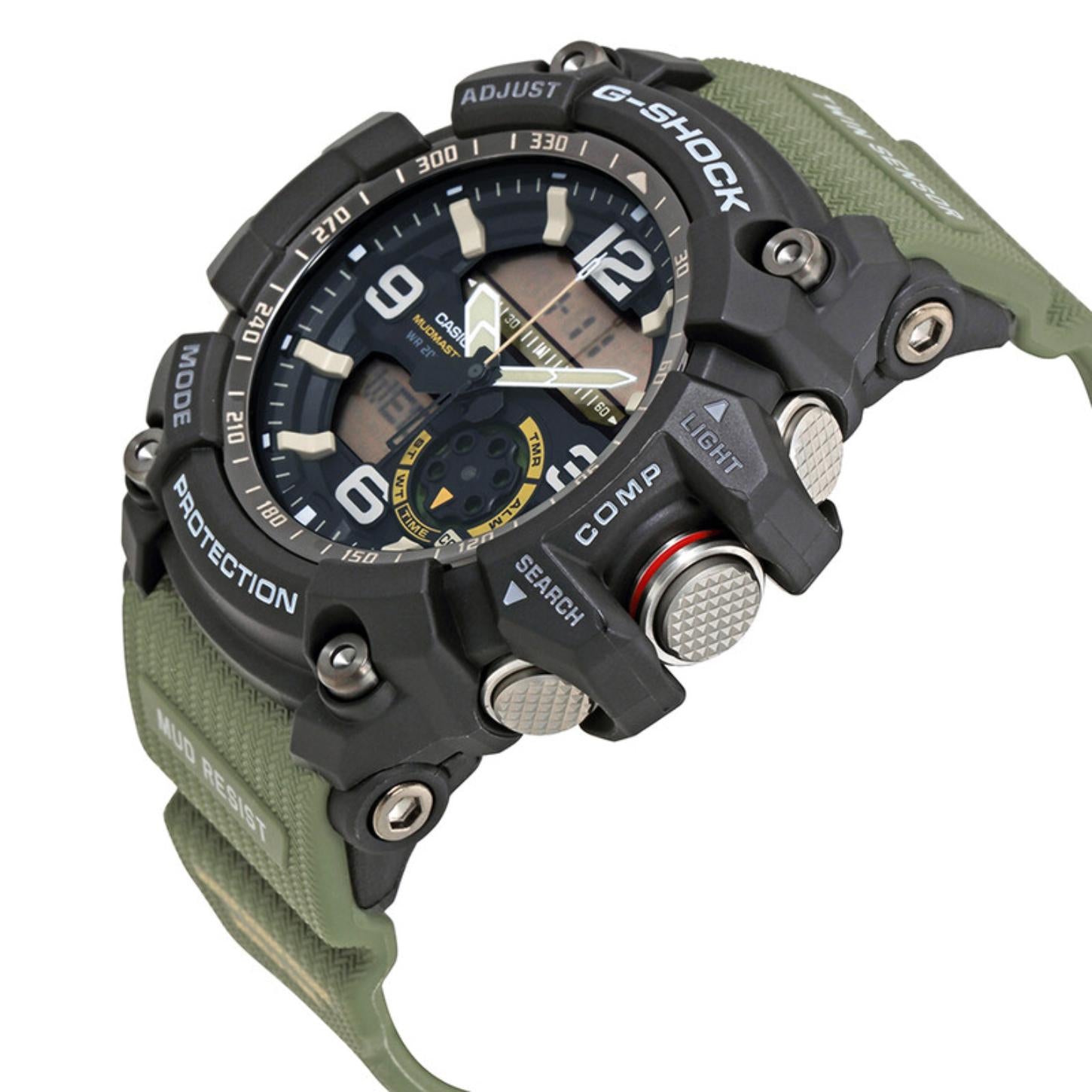 Angled view of the Casio G-Shock Mudmaster GG-1000-1A3 showing the rugged analog-digital dial, textured control buttons, mud-resistant case, and green resin strap.