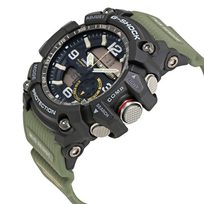 Angled view of the Casio G-Shock Mudmaster GG-1000-1A3 showing the rugged analog-digital dial, textured control buttons, mud-resistant case, and green resin strap.