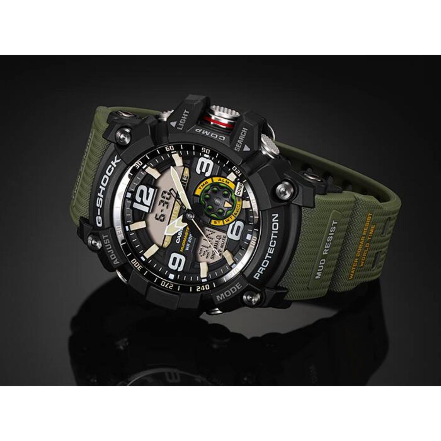 Casio G-Shock Mudmaster GG-1000-1A3 displayed against a dark background, featuring a rugged analog-digital dial, mud-resistant black case, and green resin strap.