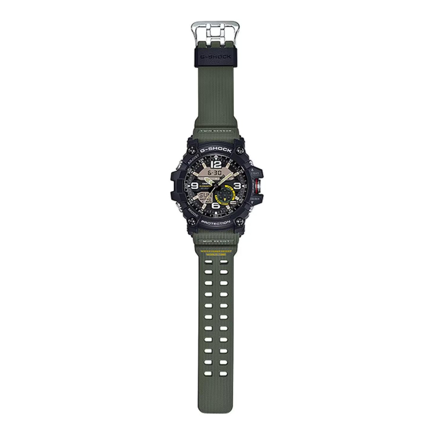 Full-length view of the Casio G-Shock Mudmaster GG-1000-1A3 showing the rugged analog-digital watch, black shock-resistant case, green resin strap, and metal buckle.